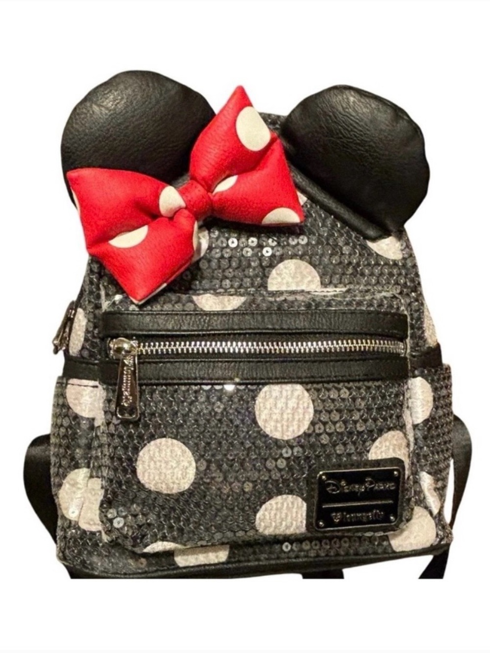 Loungefly Disney Parks Minnie Mouse Black Sequin Mini Backpack with Red Bow
